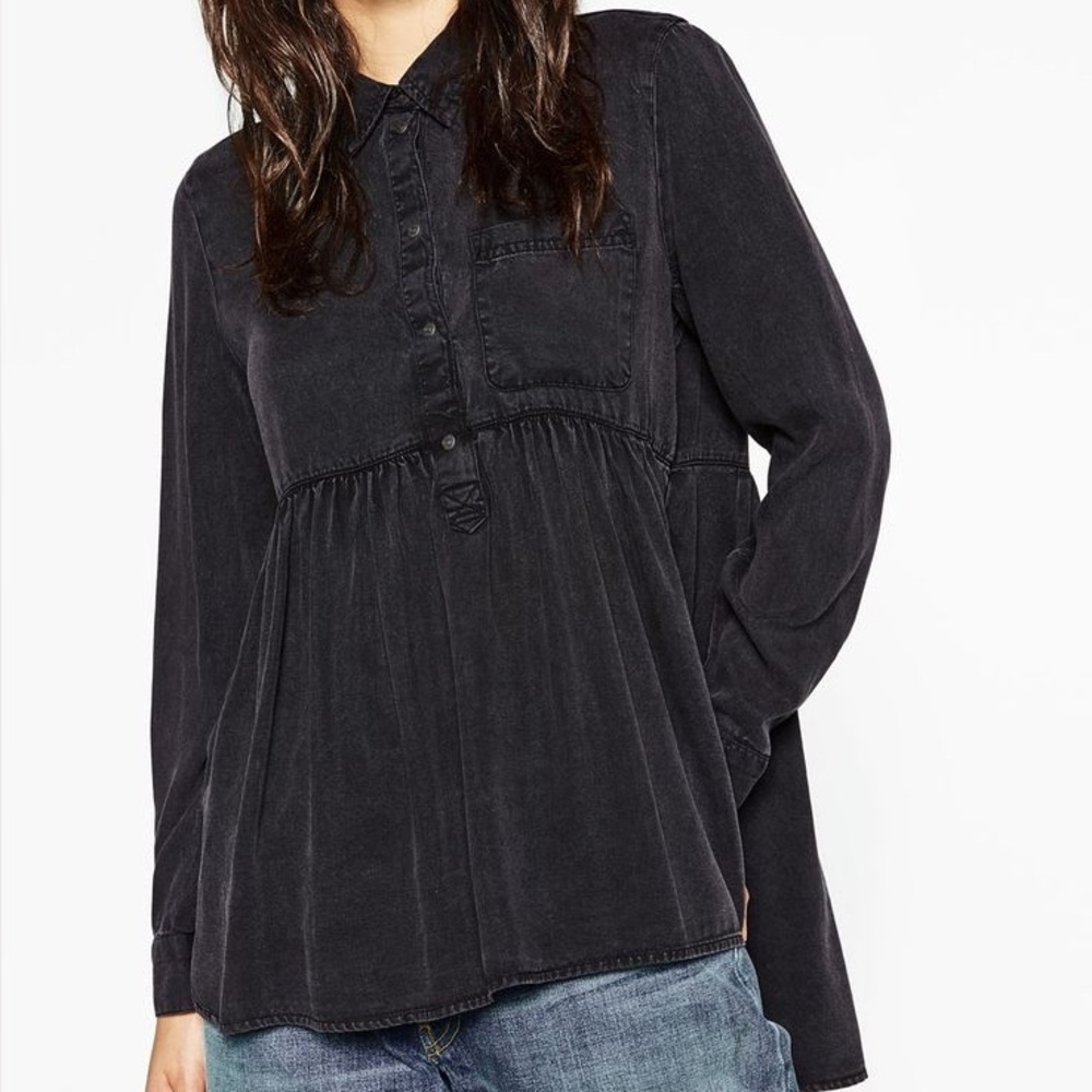 M Zara Denim Collection Babydoll Acid Wash Long Sleeve Blouse Lyocell